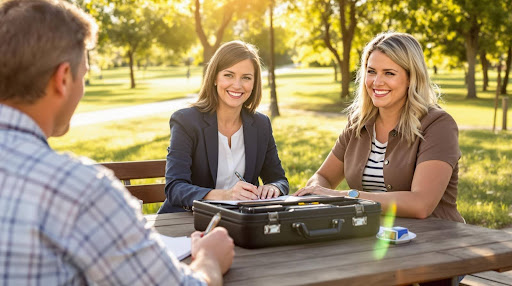 Professional mobile notary and client signing documents at a picnic table in a sunlit Boise park, showcasing convenient outdoor notary services.